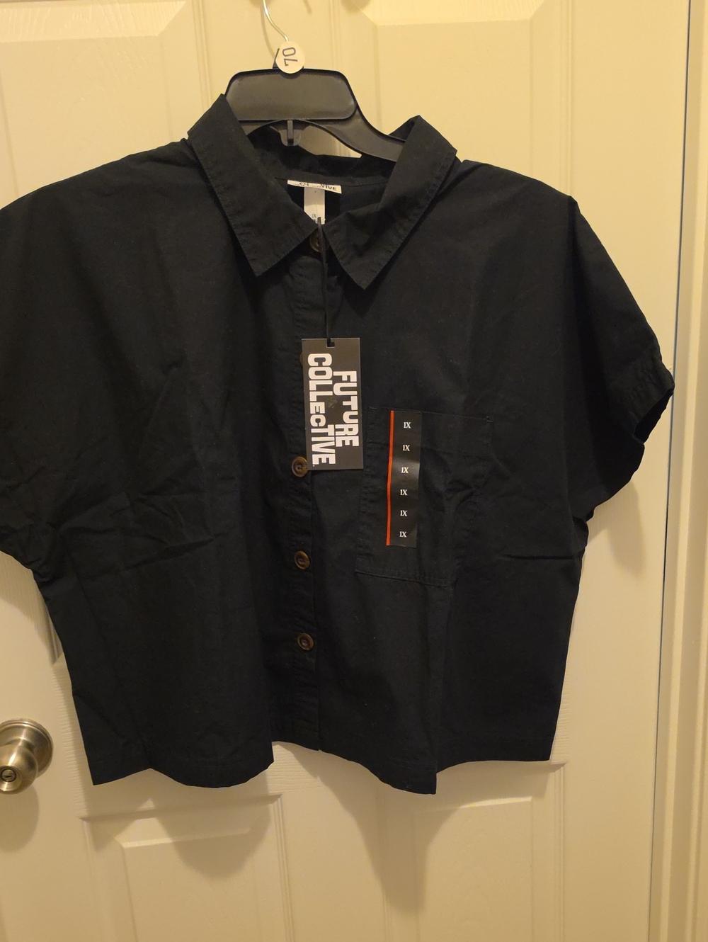 Future Collective black short-sleeve button-down cropped shirt